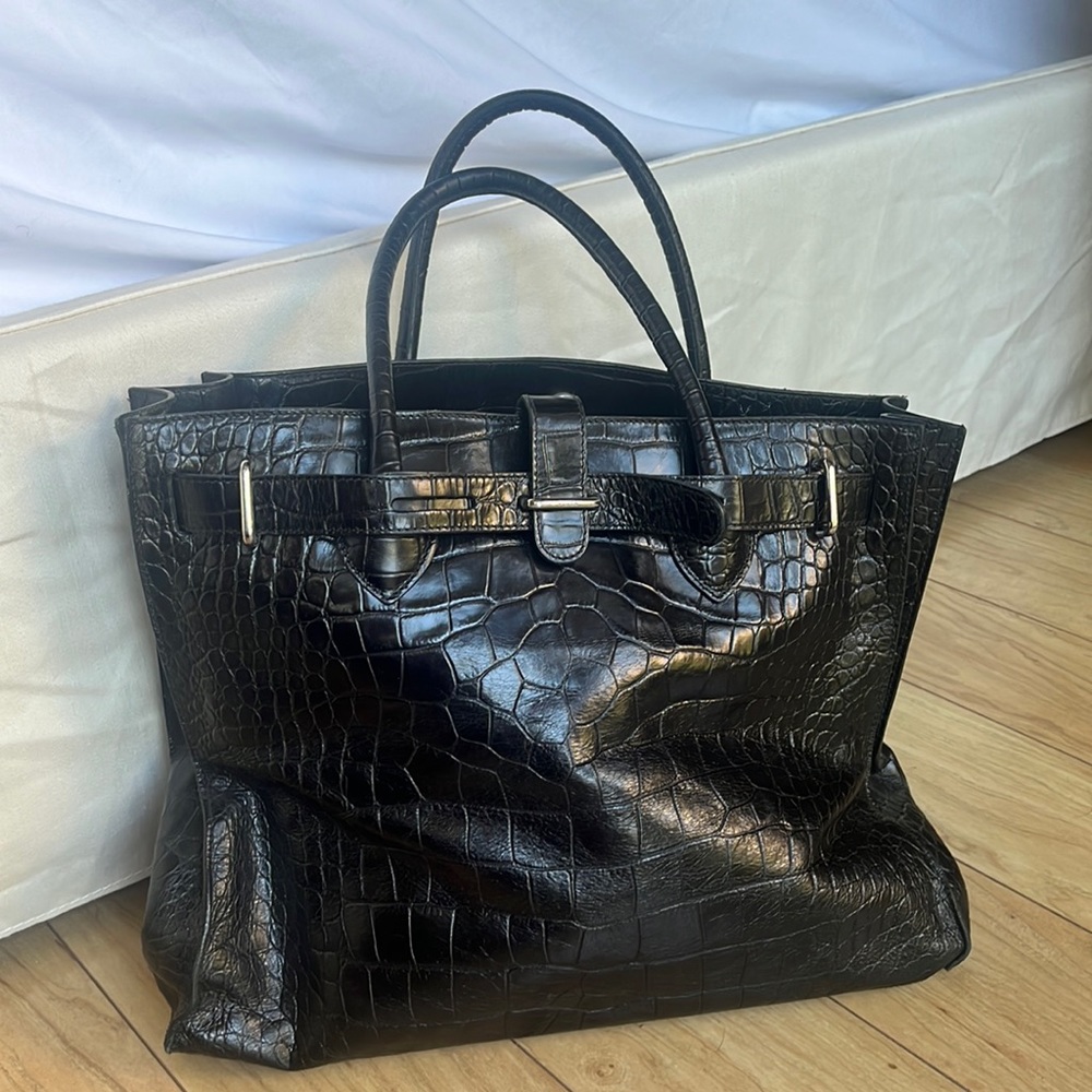 Furla black croc leather tote